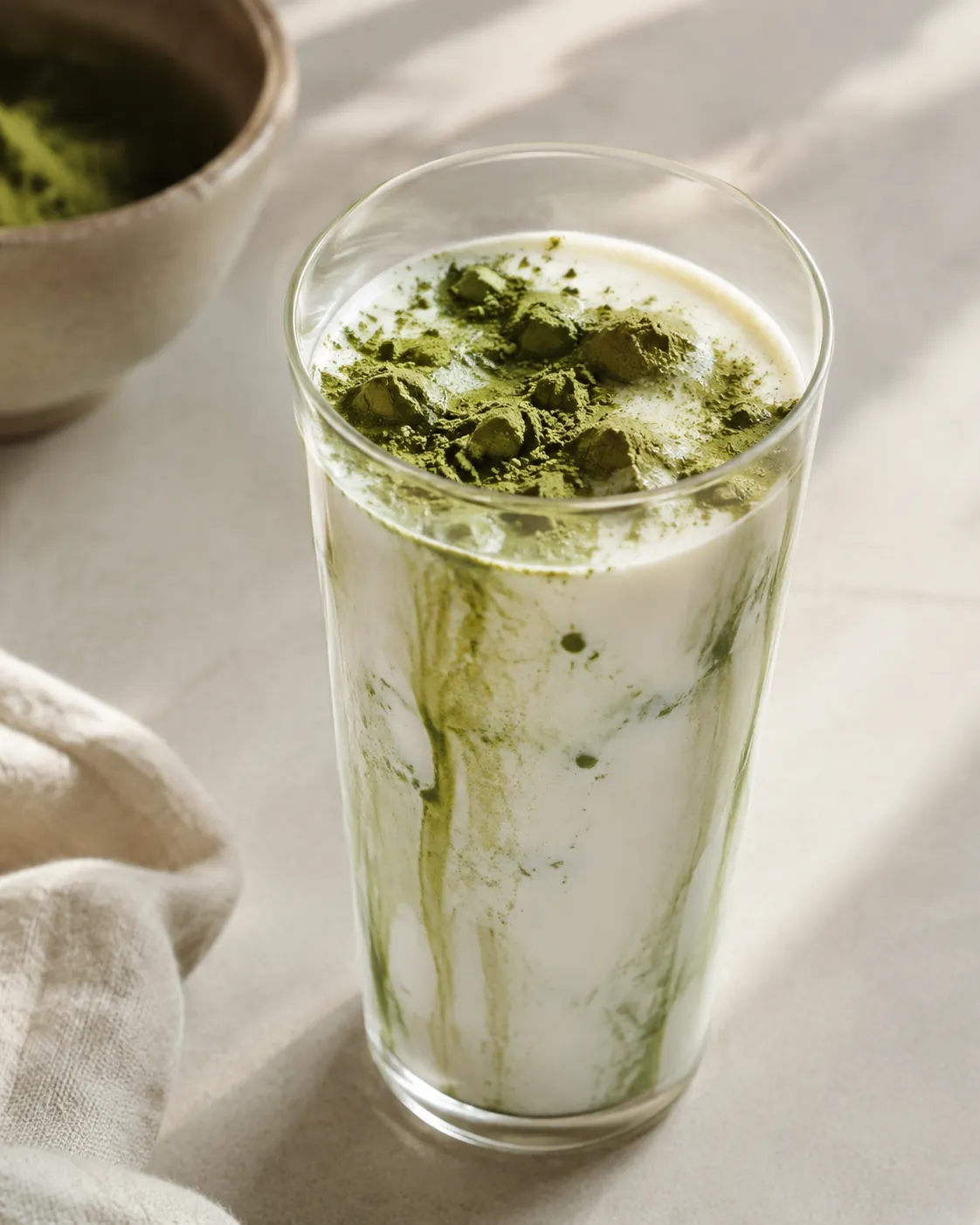A glass of milk with dry matcha powder clumped into pale green lumps floating on the surface and clinging to the side