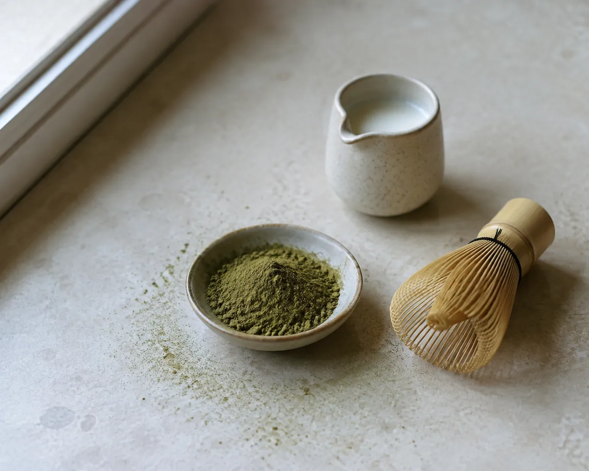 Olive green culinary matcha powder in a bowl beside a whisk and a jug of milk