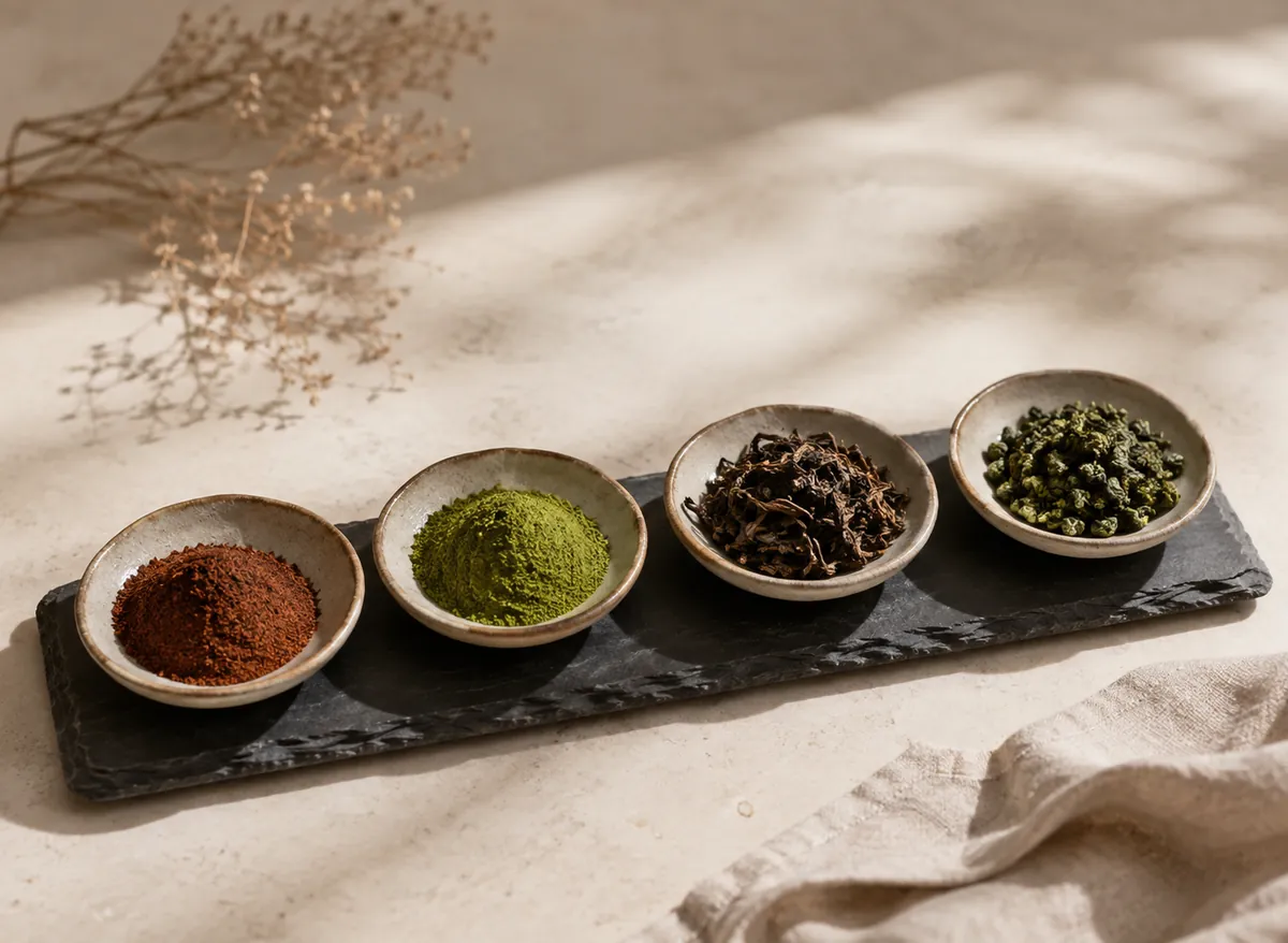 Four small dishes of tea in a row on dark slate: reddish-brown powder, jade green powder, dark roasted leaf and rolled green leaf