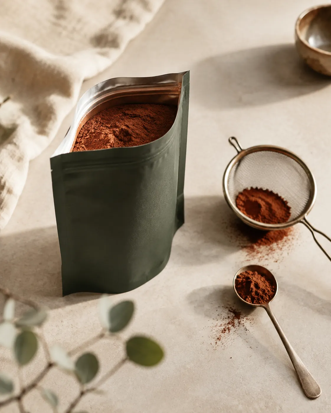 An opened opaque pouch of fine reddish-brown powder on pale stone beside a spoon and a small sieve