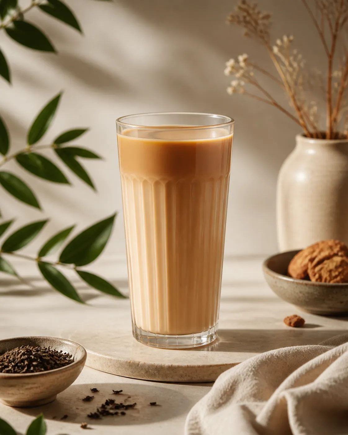 A tall glass of pale caramel-coloured milk tea with a thin darker layer settling at the top, on a warm neutral surface