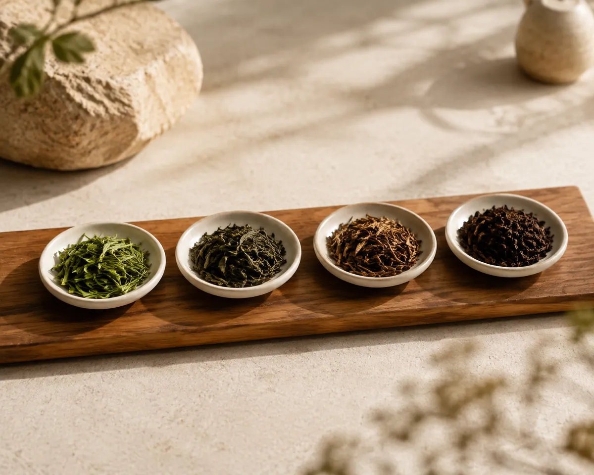 Four dishes of tea leaf at increasing degrees of roast, from bright green through olive and tan to deep chestnut