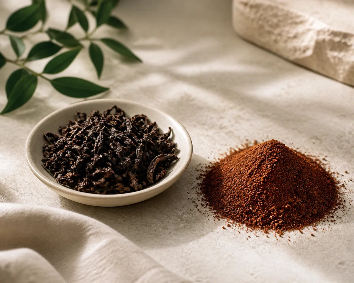 Dark brown roasted tea leaves in a shallow dish beside a mound of fine reddish-brown powder on pale stone