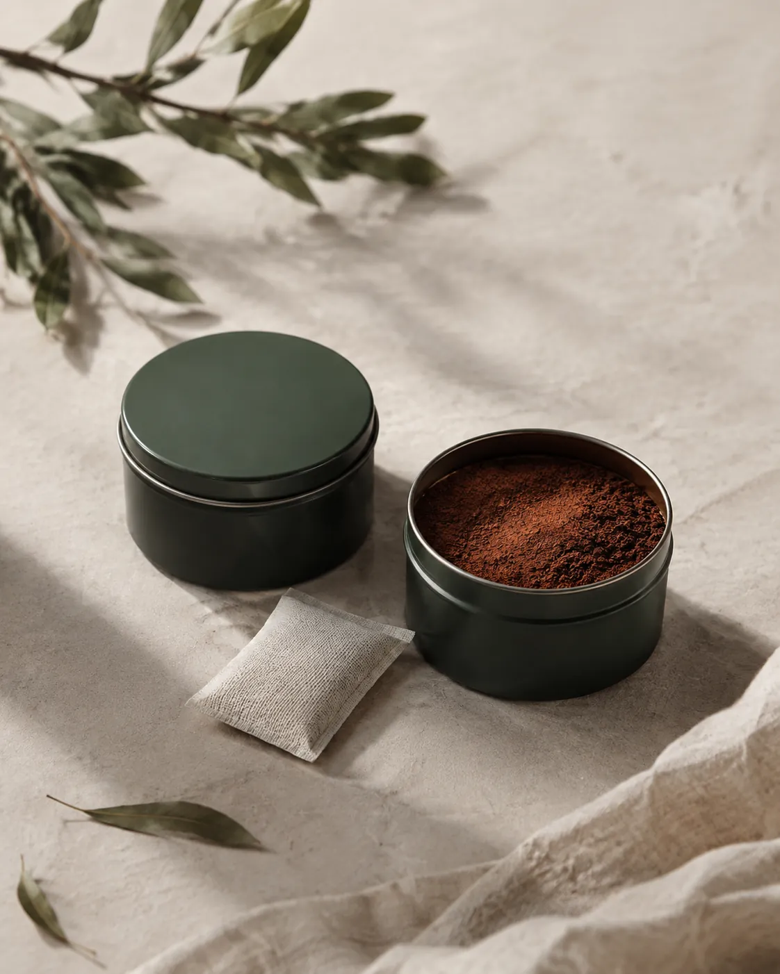 A sealed opaque tin and an open tin of fine reddish-brown powder on a cool dark shelf with a desiccant sachet between them
