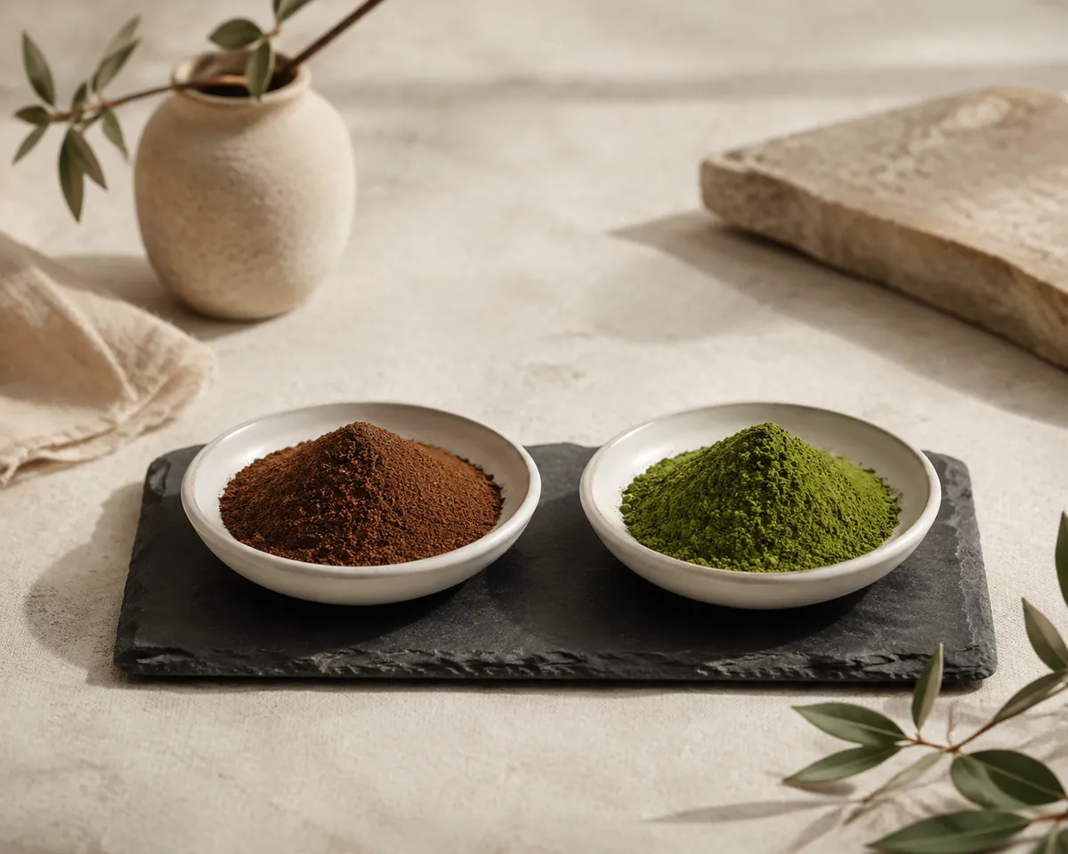 Two small dishes of tea powder side by side on dark slate, the left reddish-brown and the right vivid jade green