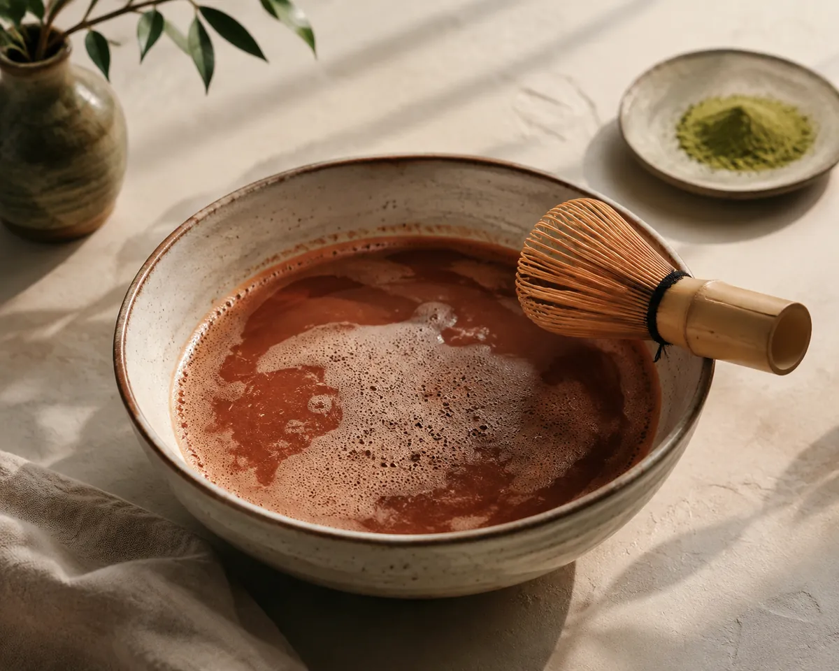 A ceramic bowl of reddish-brown whisked tea with a thin patchy layer of foam, a bamboo whisk resting beside it