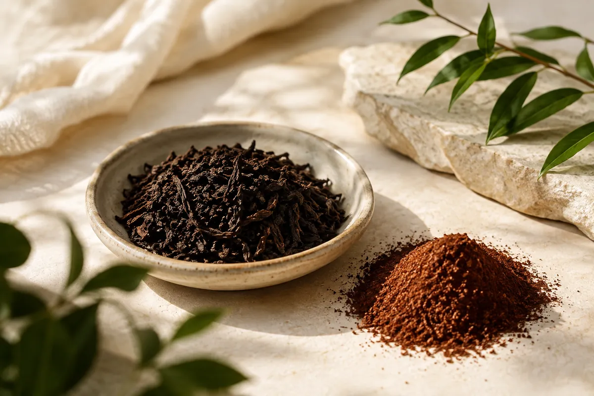 Dark roasted tea leaves beside a mound of fine reddish-brown hojicha powder on pale stone
