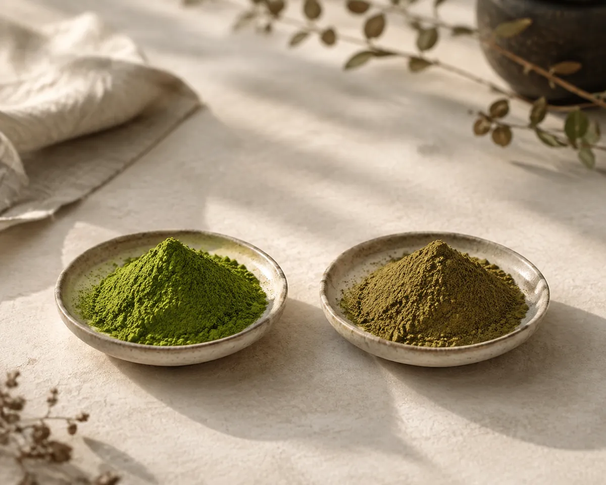 Two dishes of matcha powder side by side, the left vivid jade green and the right dull olive-brown, lit identically