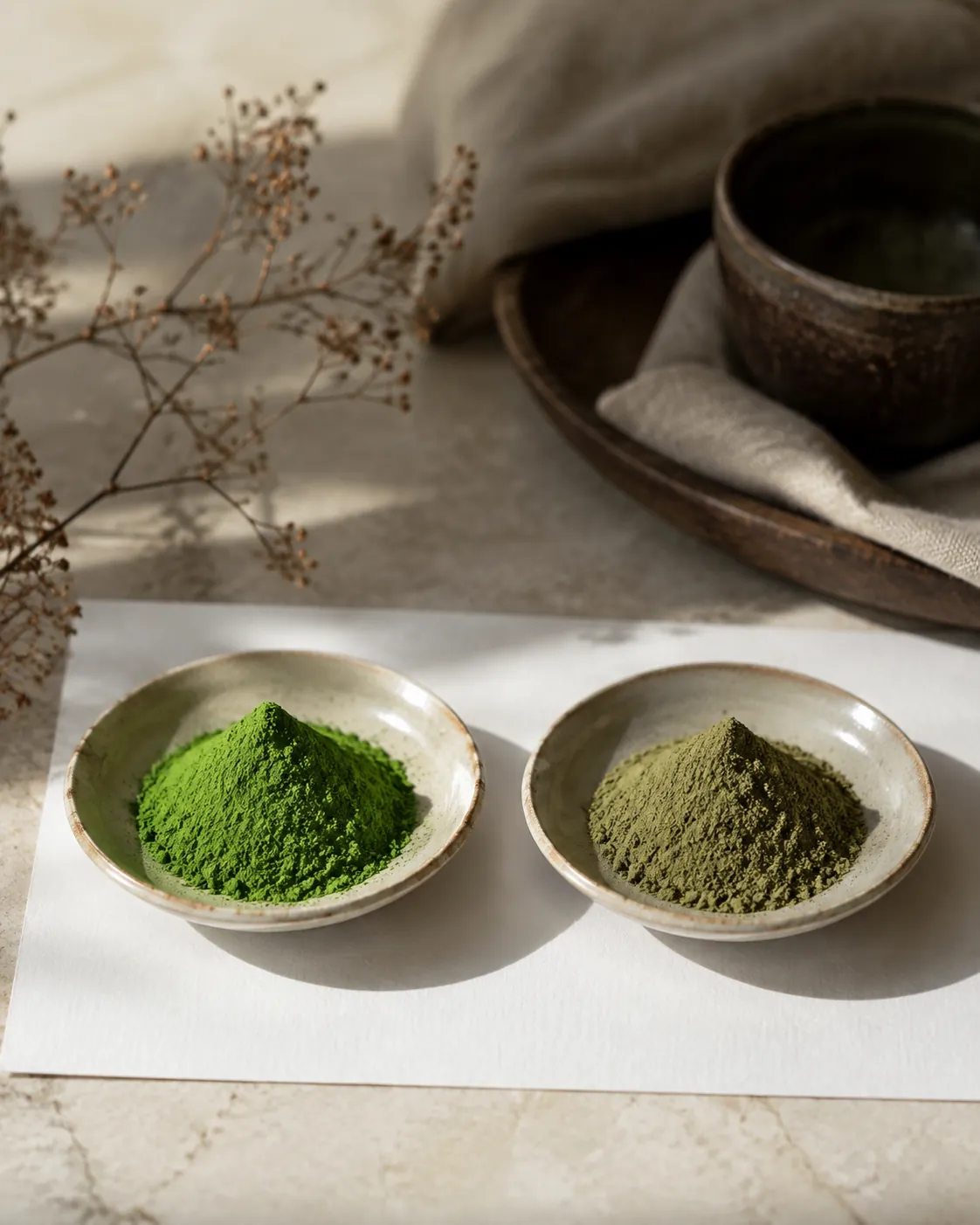 Two dishes of matcha, the left vivid first-harvest green and the right a duller olive