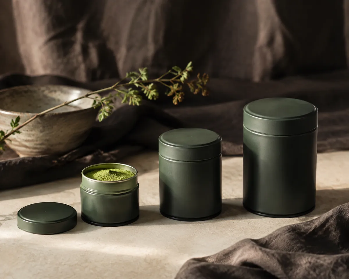 Three small matcha tins of increasing size standing in a row, the smallest open