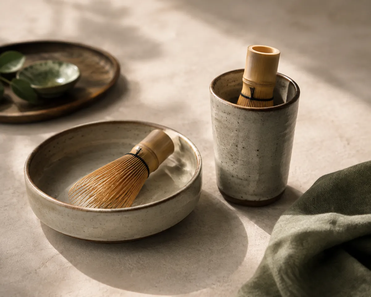 A wide flat-based ceramic tea bowl beside a tall narrow mug, a bamboo whisk resting in each