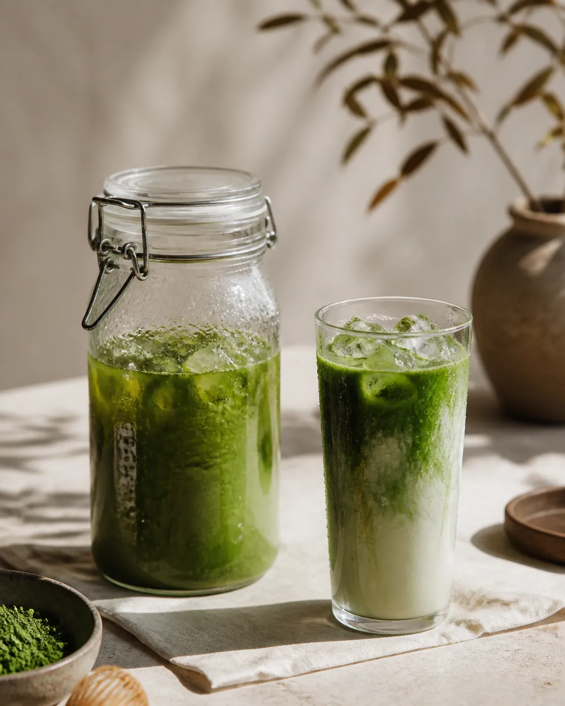 A sealed jar of matcha and ice mid-shake beside a tall poured glass over ice