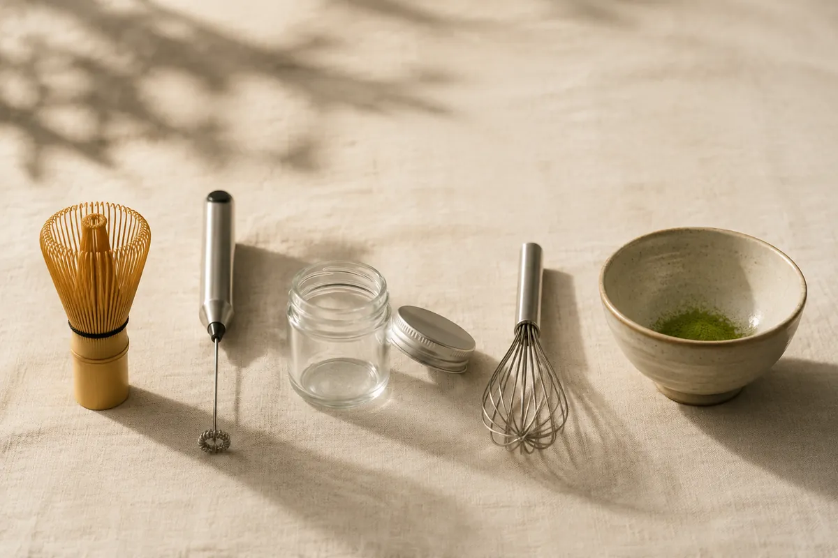 A bamboo chasen, a handheld electric frother, a small sealed jar and a balloon whisk laid out in a row
