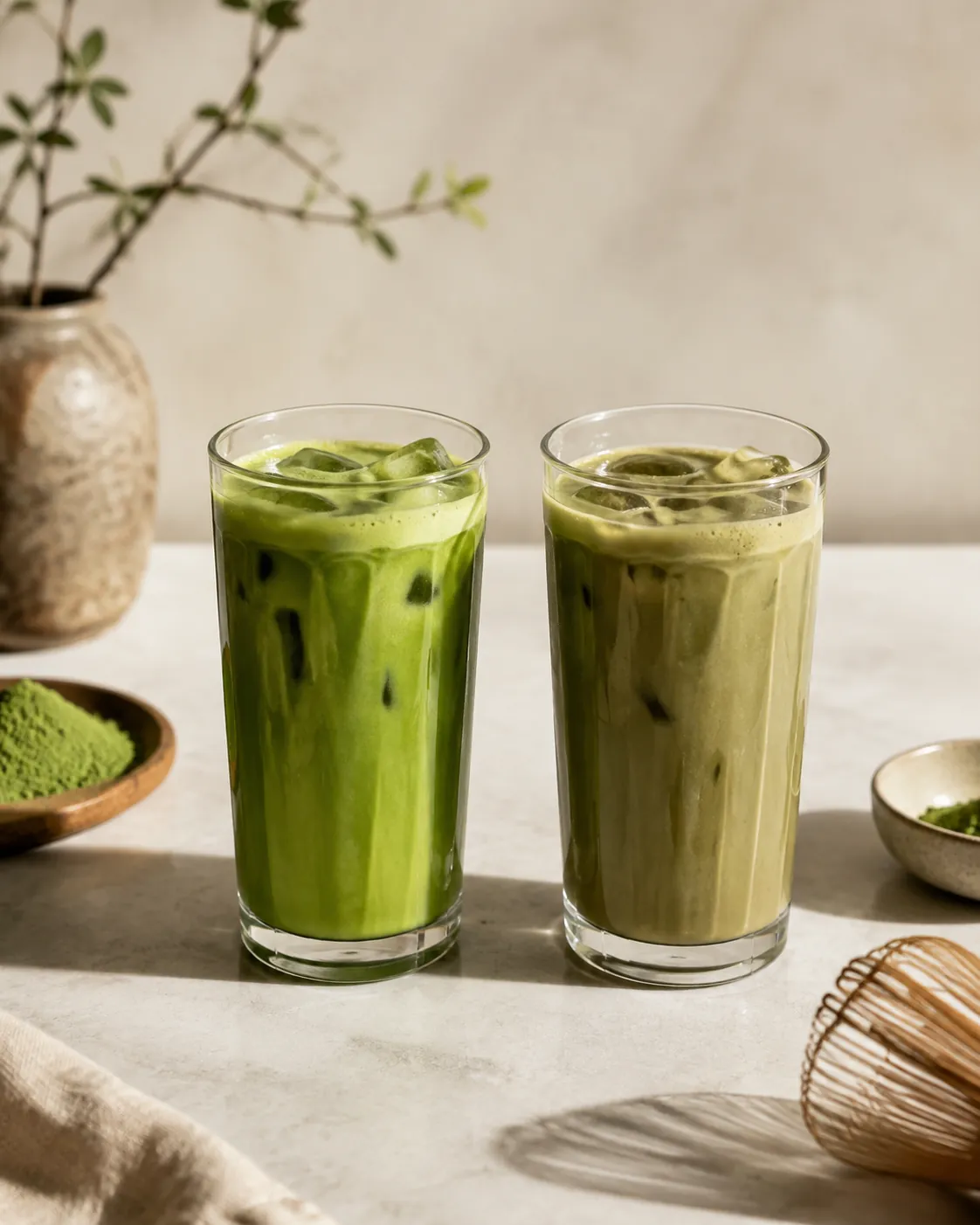 Two glasses of iced matcha side by side, the left bright jade green and the right duller and more olive in colour