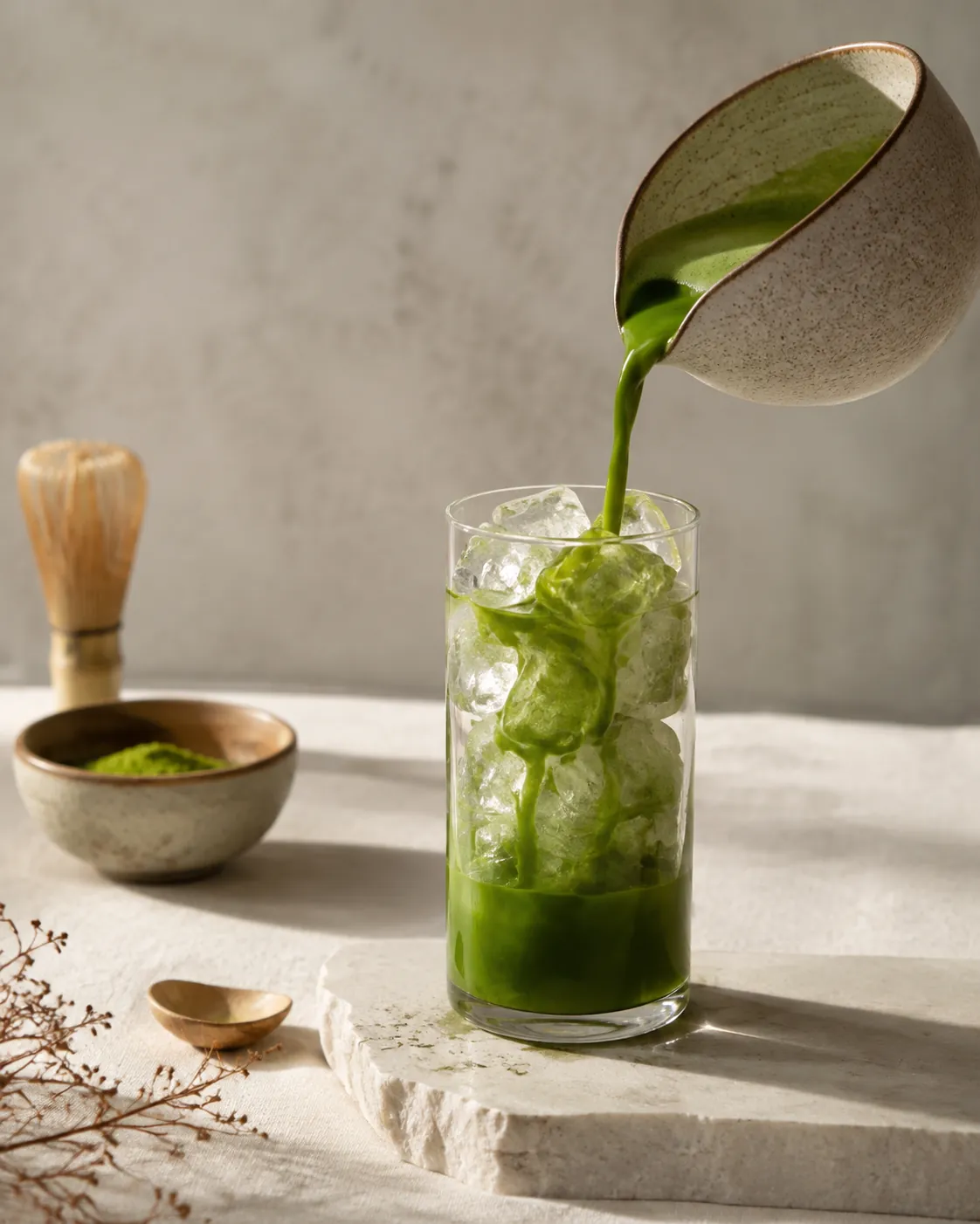 Bright green matcha being poured from a small bowl over a tall glass packed with clear ice cubes