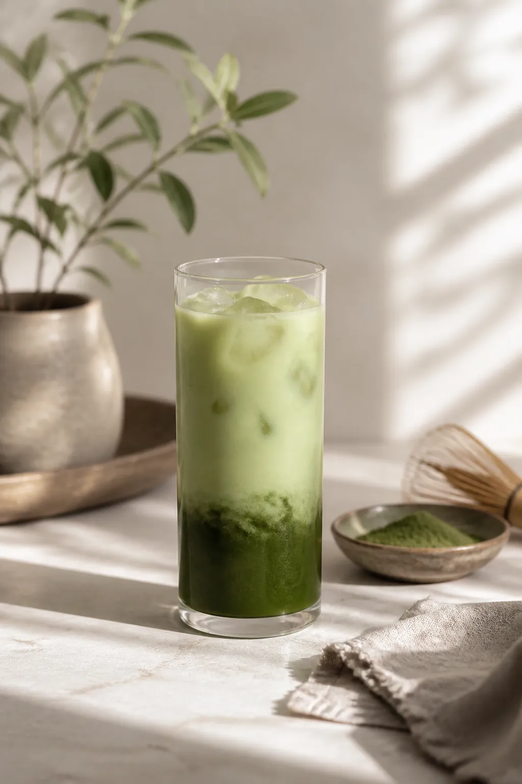 A tall glass of iced matcha standing on a counter with a dark green band of settled powder collecting in the bottom third
