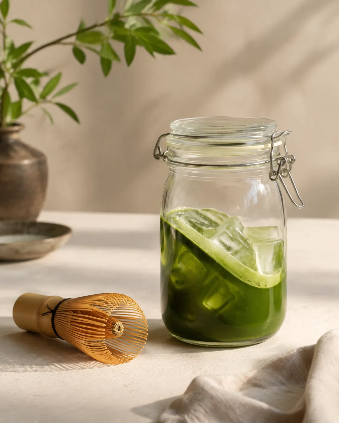 A sealed glass jar of bright green matcha and ice cubes, the liquid swirled up the sides with a band of foam under the lid