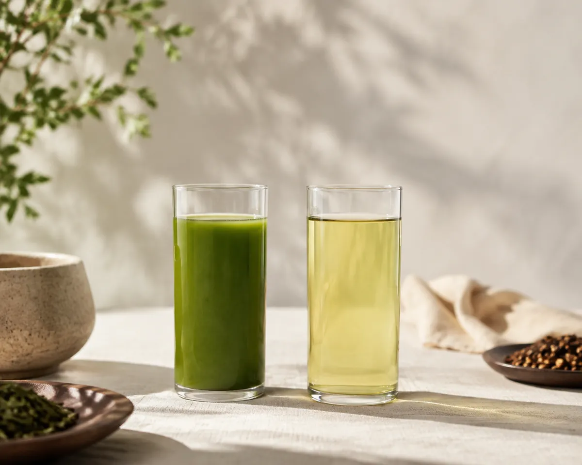 Two glasses lit from behind, the left an opaque cloudy green matcha and the right a clear pale green infusion