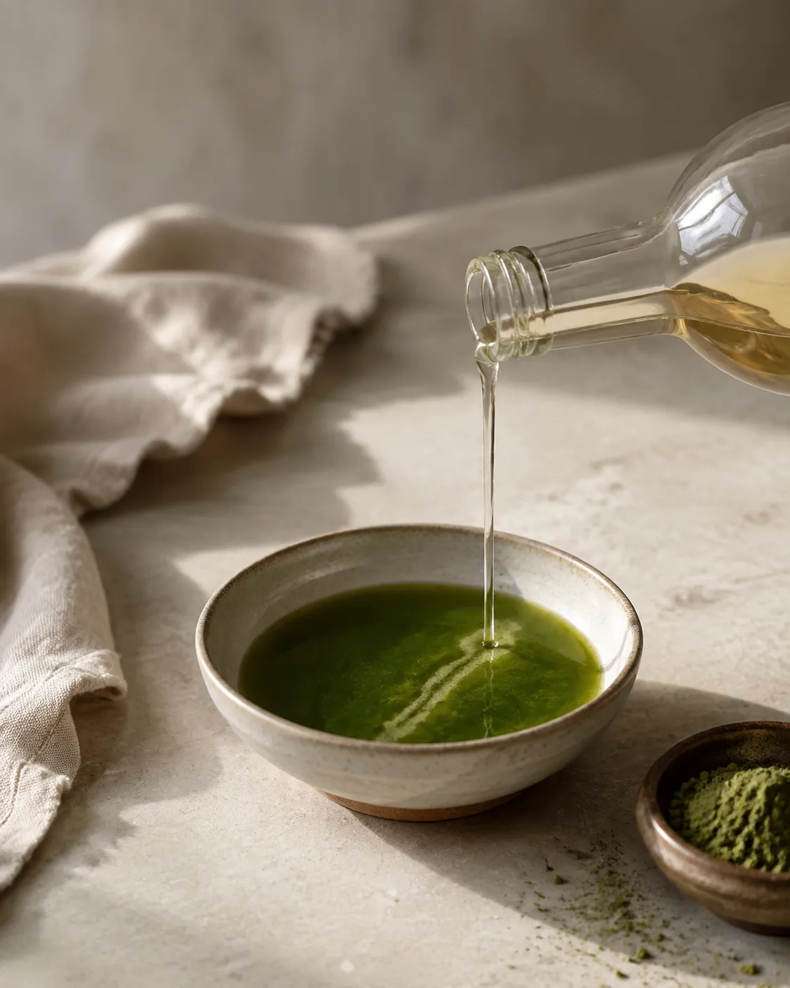 A thin stream of clear syrup falling from a small glass bottle into a bowl of bright green matcha concentrate
