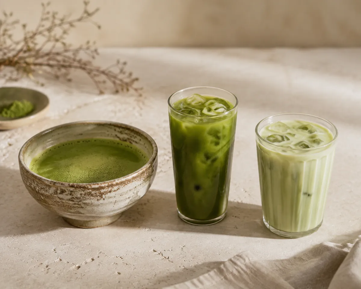 Three matcha drinks side by side: a ceramic bowl of whisked tea, a tall iced glass and a milky latte
