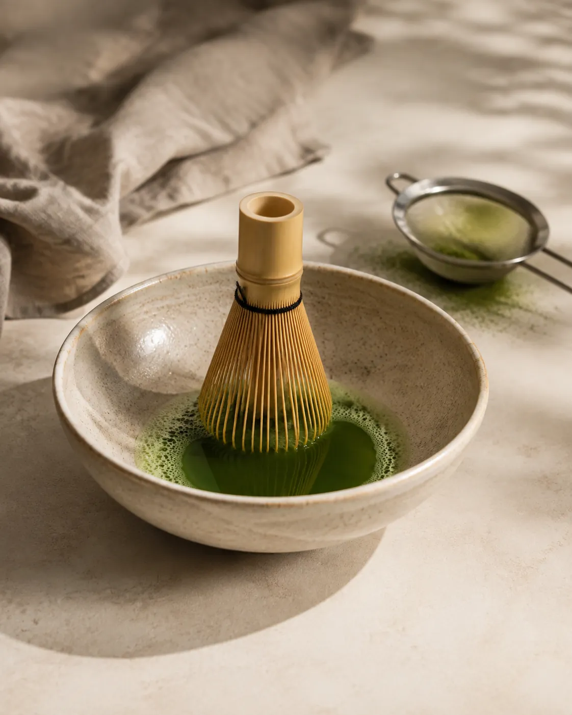 A bamboo whisk working a small pool of bright green matcha in the bottom of a wide ceramic bowl, with fine foam beginning to form