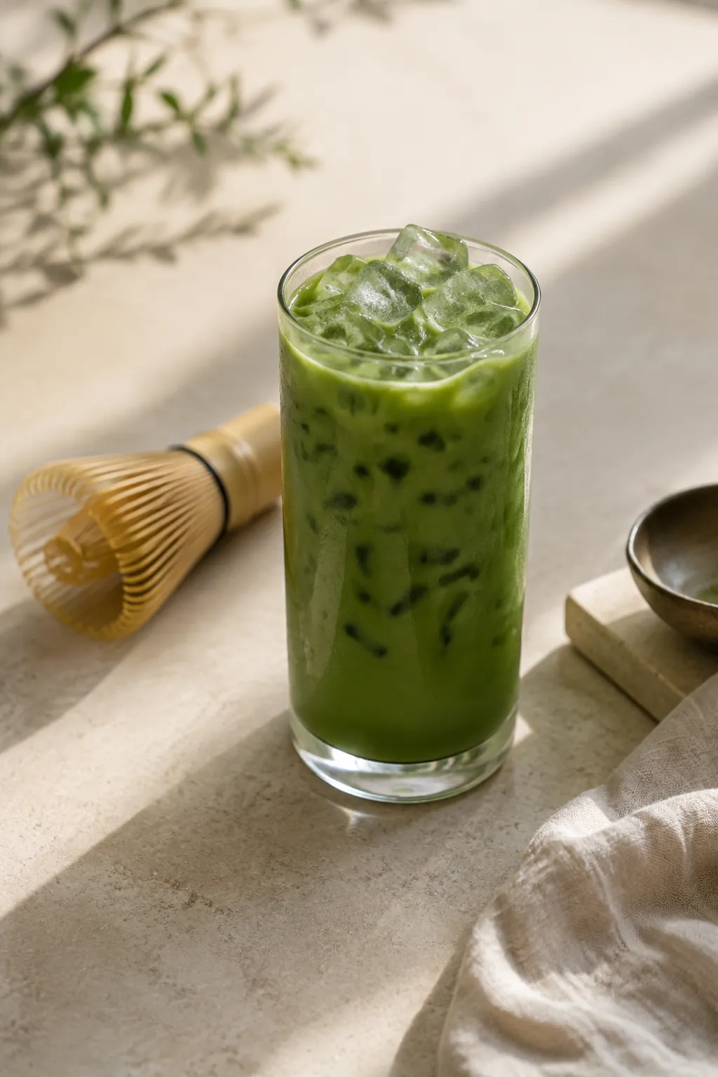 A tall glass of iced matcha with bright green tea poured over clear ice cubes