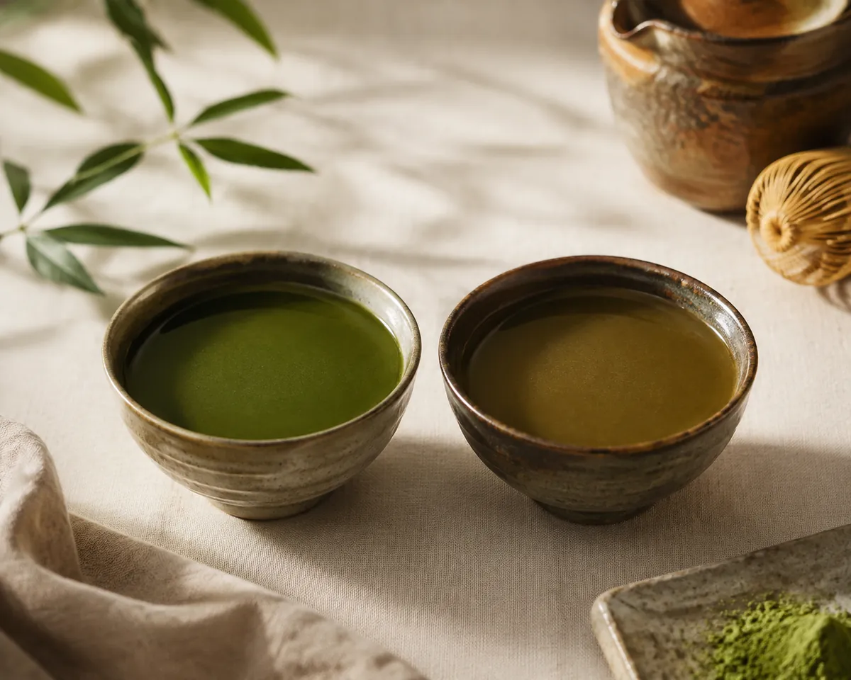 Two bowls of matcha side by side, the left a clean deep jade and the right a dull olive brown