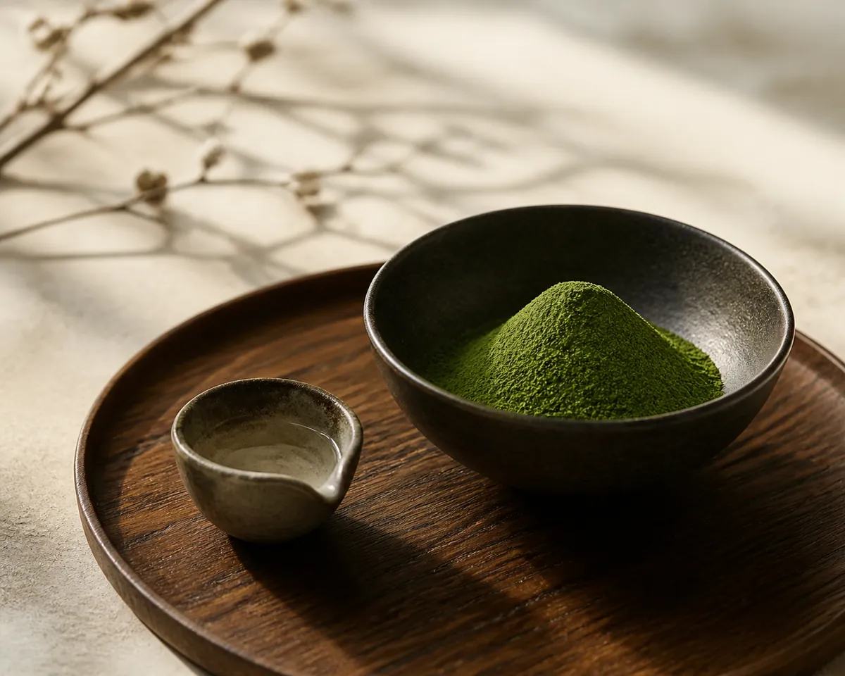 A small mound of sifted deep green matcha powder in a wide tea bowl beside a tiny measure holding a shallow pool of water