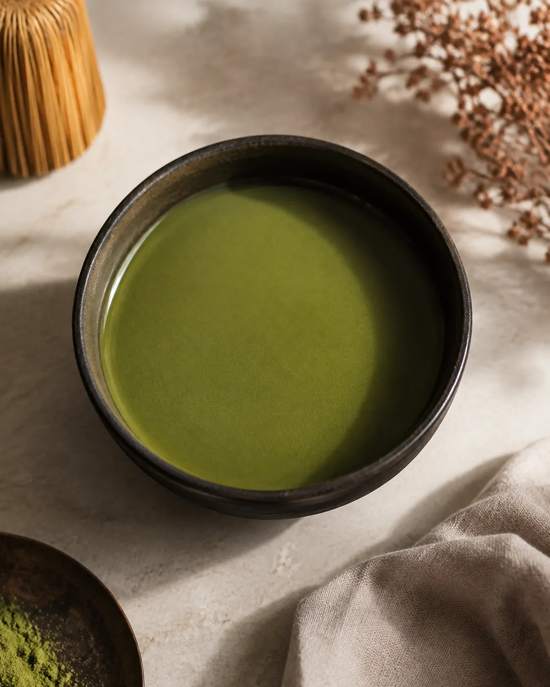 Overhead view of a dark tea bowl holding thick matcha with a smooth unbroken glossy green surface