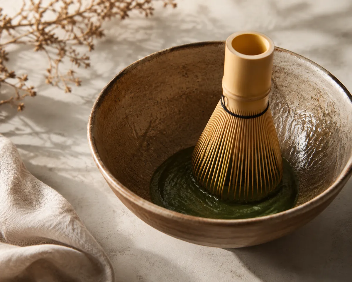A bamboo whisk pressed into a small quantity of thick dark green matcha paste at the base of a tea bowl