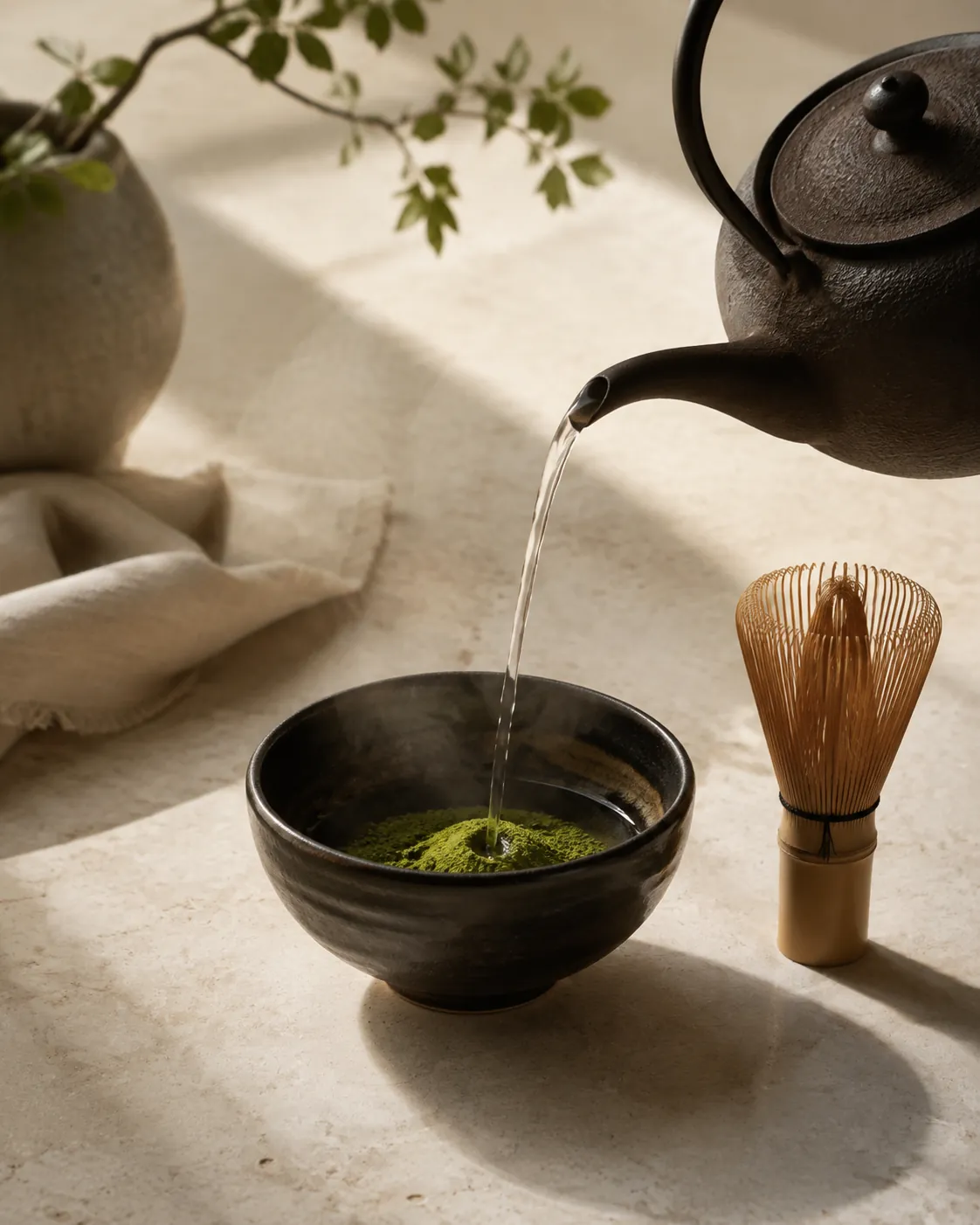 A narrow-spouted kettle pouring a thin stream of water onto matcha powder in a tea bowl