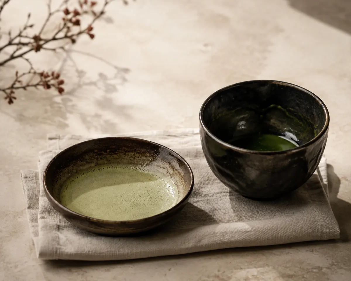 A dark bowl holding the last of a thick matcha beside a wider shallow bowl of pale foamy thin tea