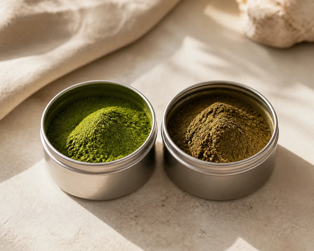 Two small open tins of matcha side by side, the left a vivid deep green and the right a dull olive