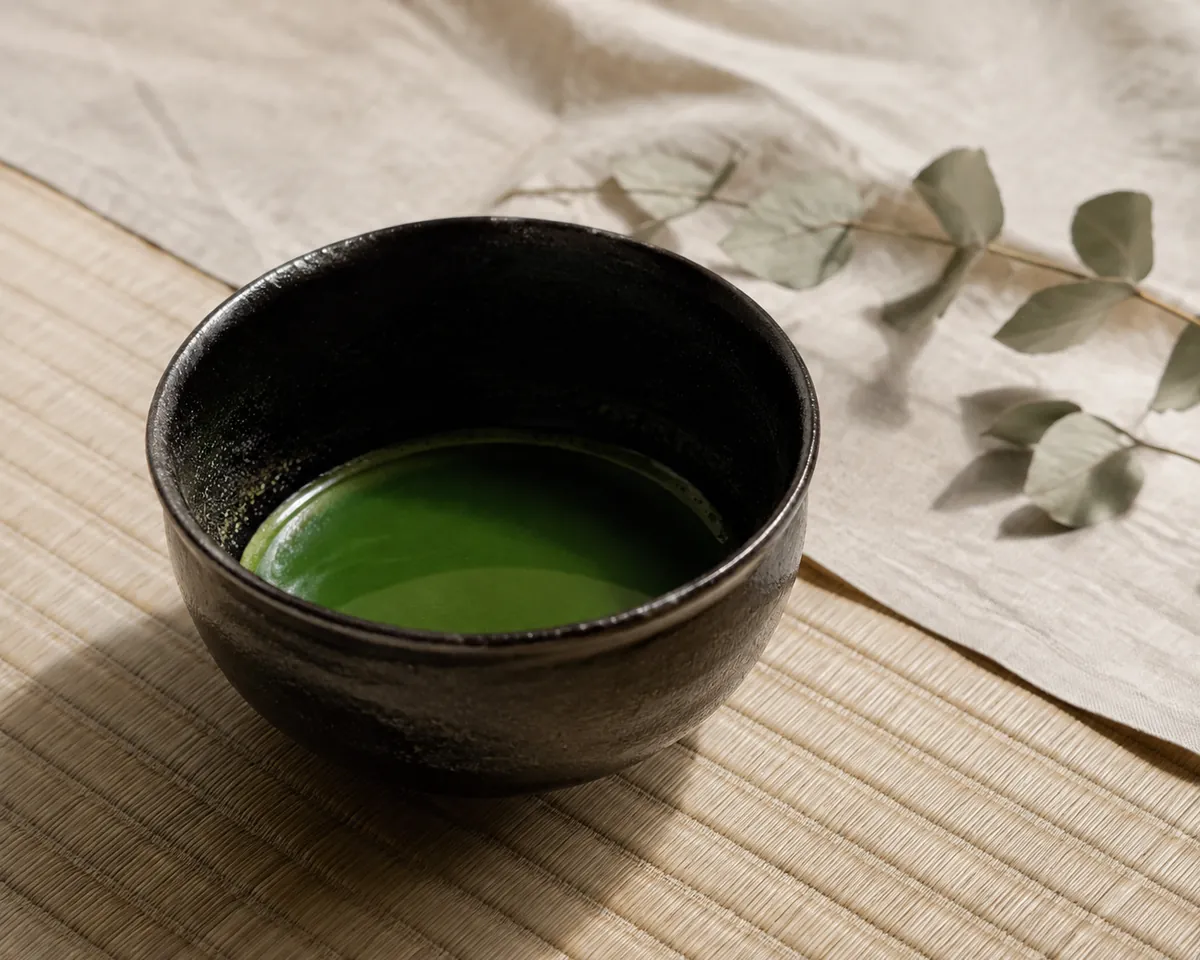 A dark tea bowl holding a small pool of thick glossy matcha with an unbroken surface