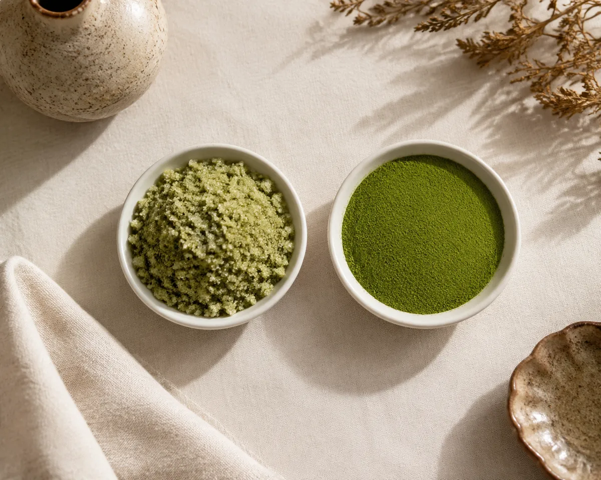 Two small dishes side by side, one of dull pale green sweetened latte powder and one of fine vivid green matcha