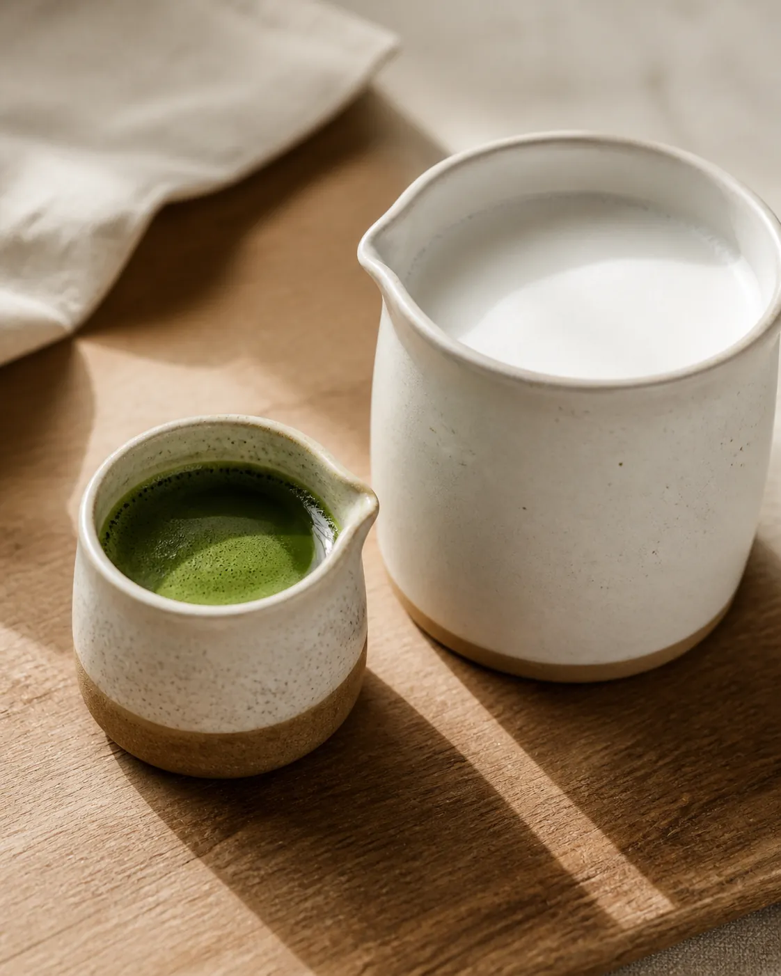A small jug holding a dark green matcha concentrate beside a larger jug of steamed milk