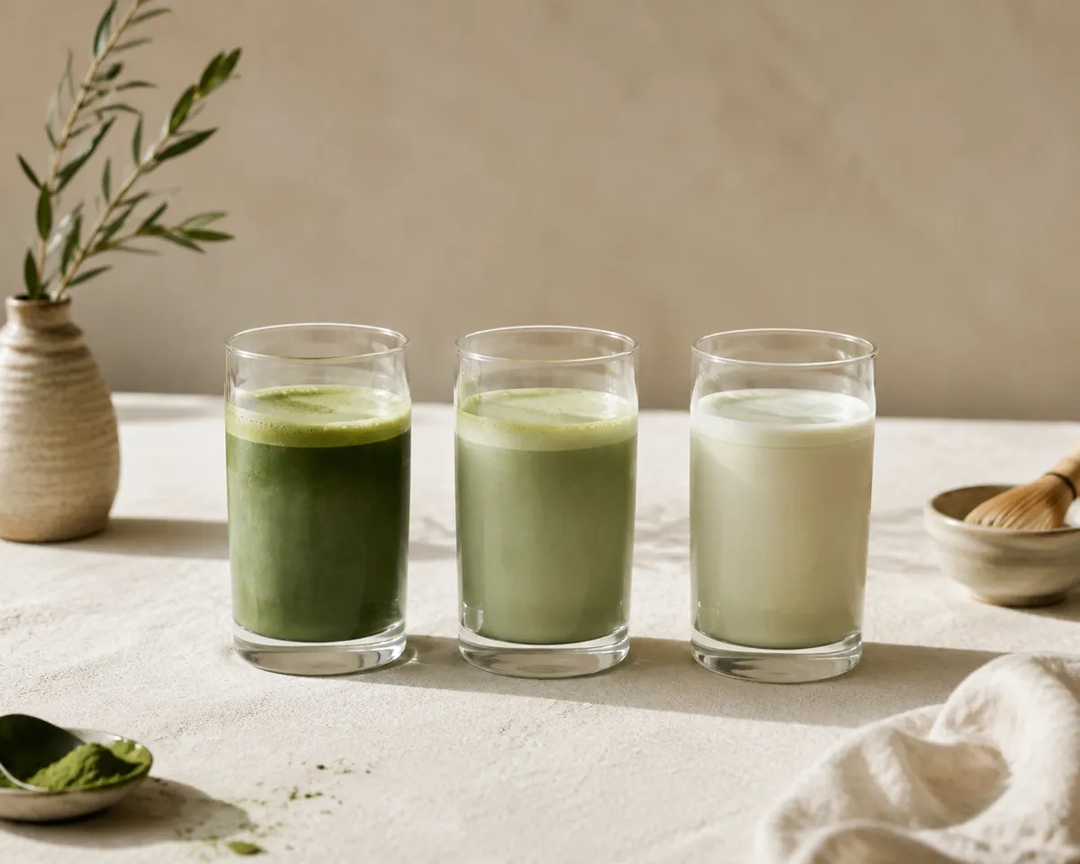 Three glasses of matcha latte side by side, the green deep in the first and very pale in the third