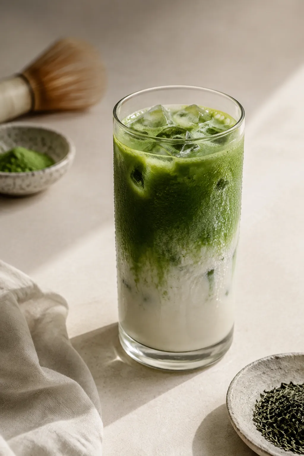 A tall glass of iced matcha latte with a dark green layer settling down through pale milk over ice