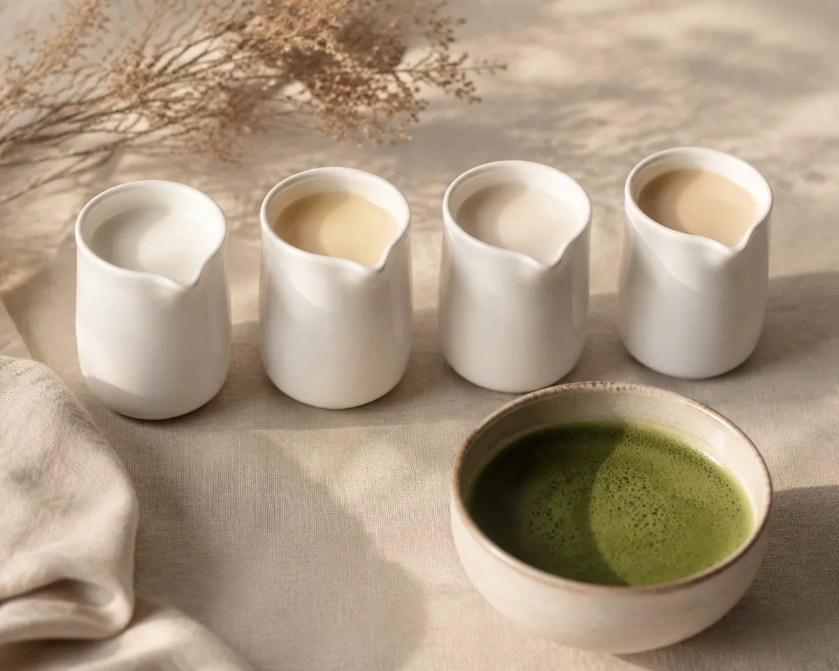 Four small jugs of different milks in a row beside a bowl of dark whisked matcha