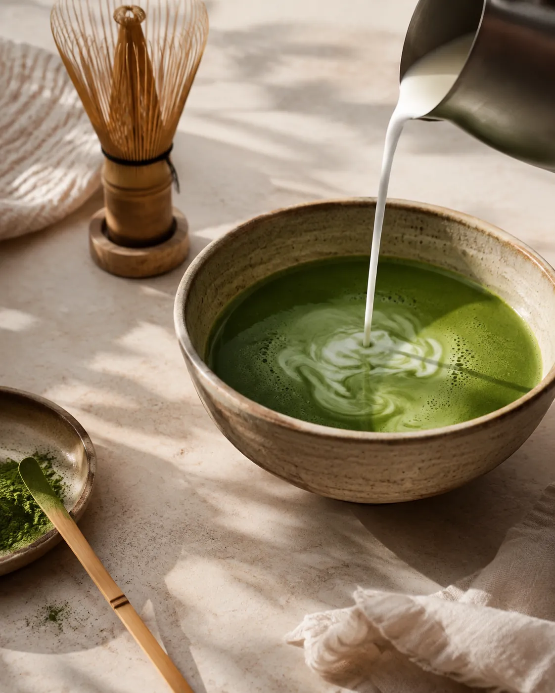 A thin stream of milk falling into a bowl of whisked matcha, the green paling to jade where the two meet