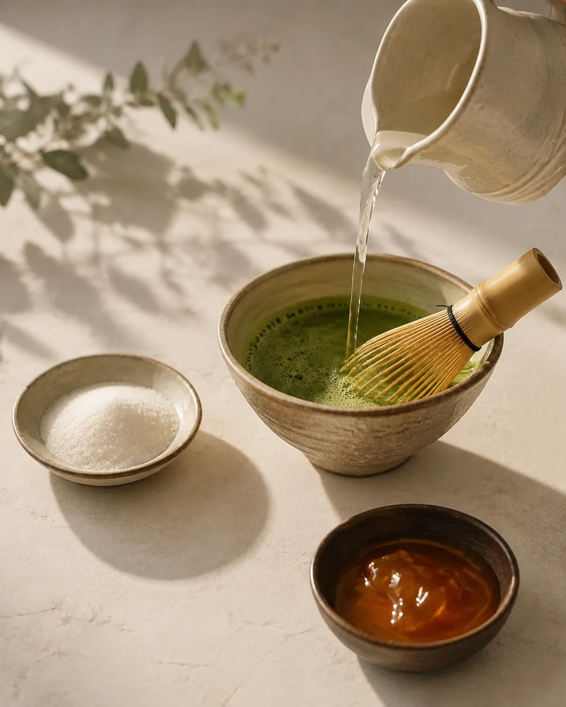 A jug of pale syrup poured into a bowl of whisked matcha beside separate dishes of white sugar and thick amber honey