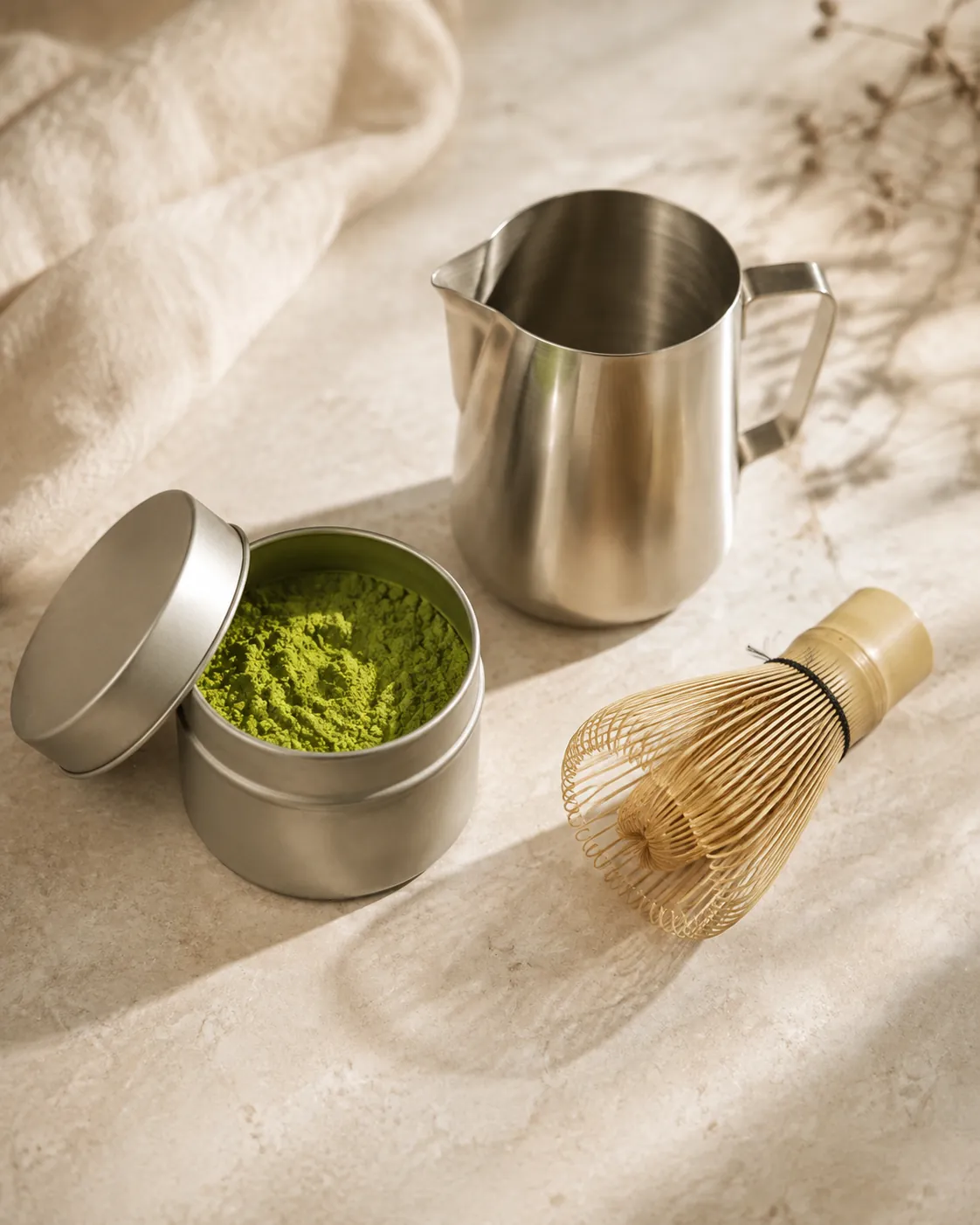 An open tin of matcha powder beside a small steel milk jug and a bamboo whisk on a worktop