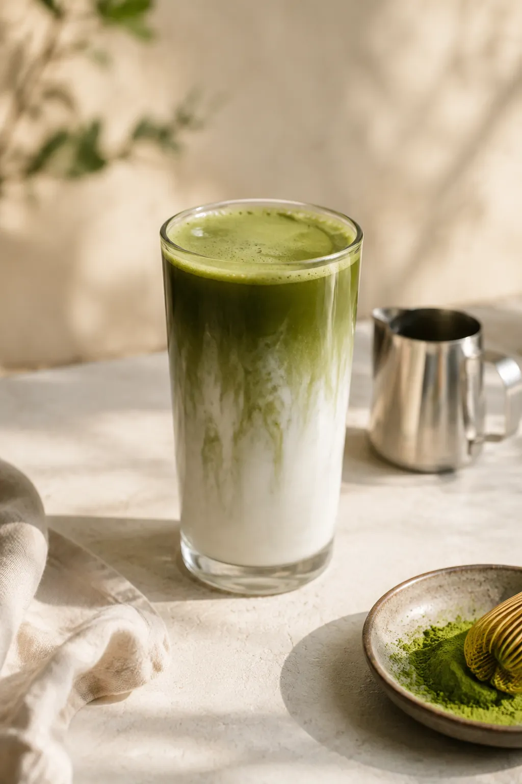A tall glass of matcha latte with a green layer settling through pale milk
