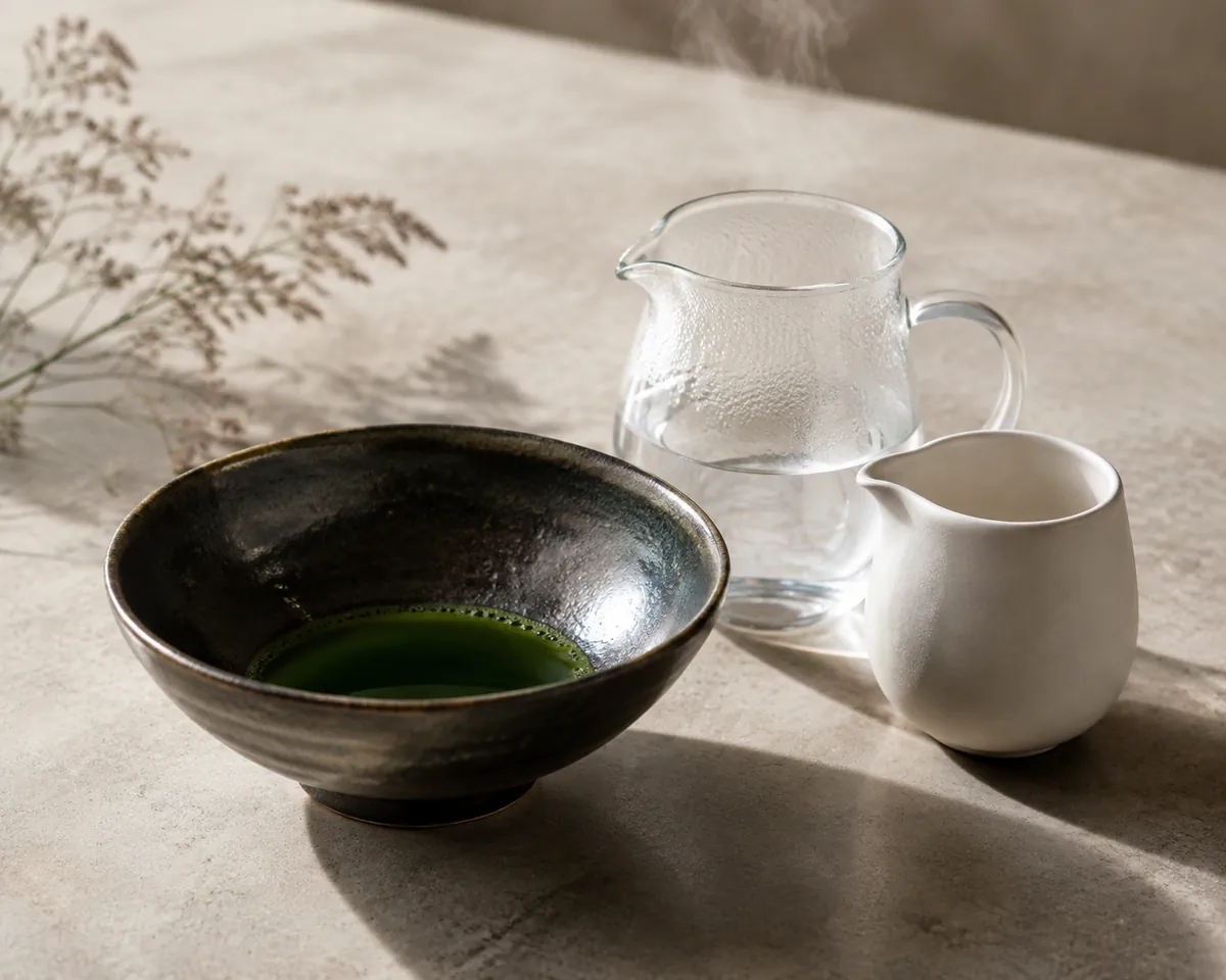 A bowl of very dark concentrated matcha beside a small jug of hot water and an empty milk jug