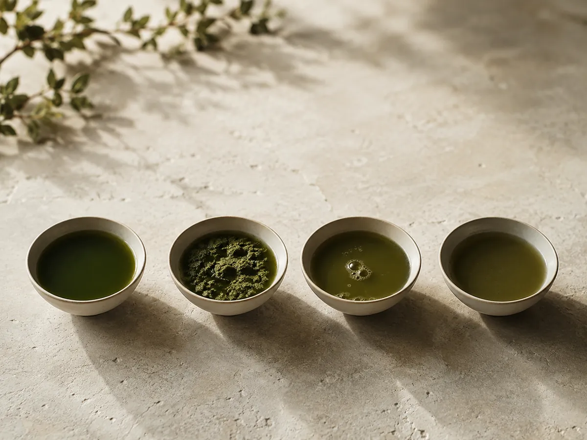 Four bowls of matcha in a row, one dark and thin, one lumpy, one flat with large bubbles and one dull olive