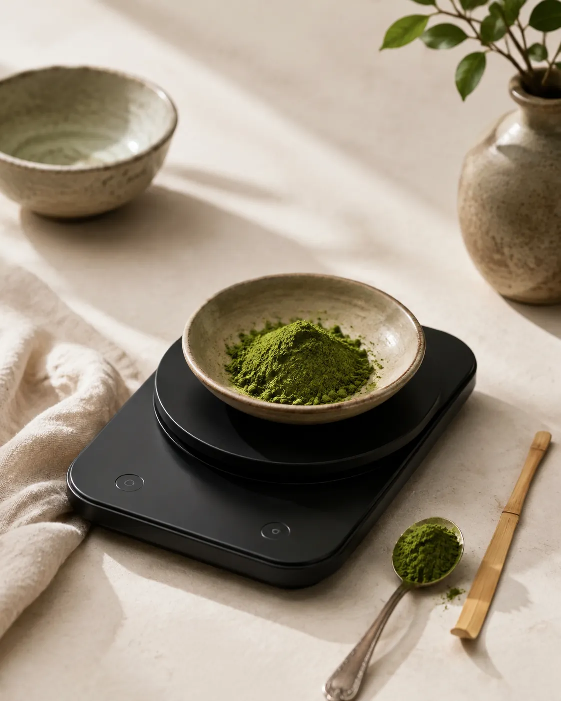 A small digital scale holding a bowl of green powder with a heaped teaspoon and a slim bamboo scoop beside it