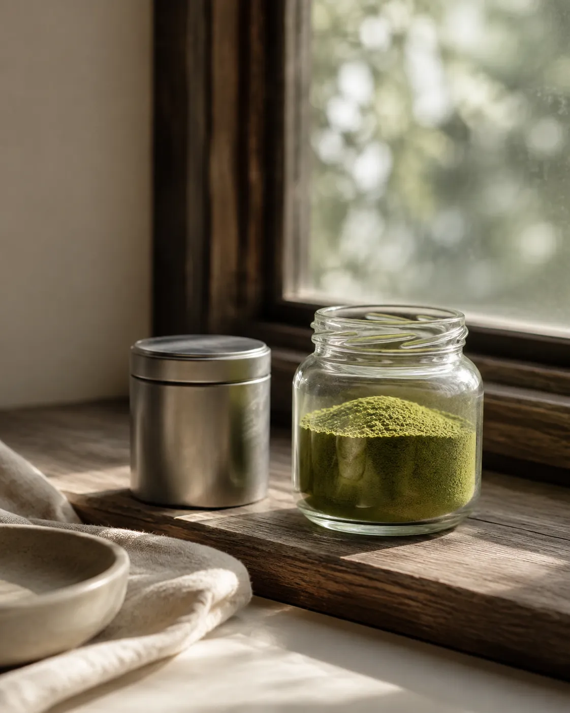 A small opaque metal tin beside a clear glass jar of green powder standing in bright window light