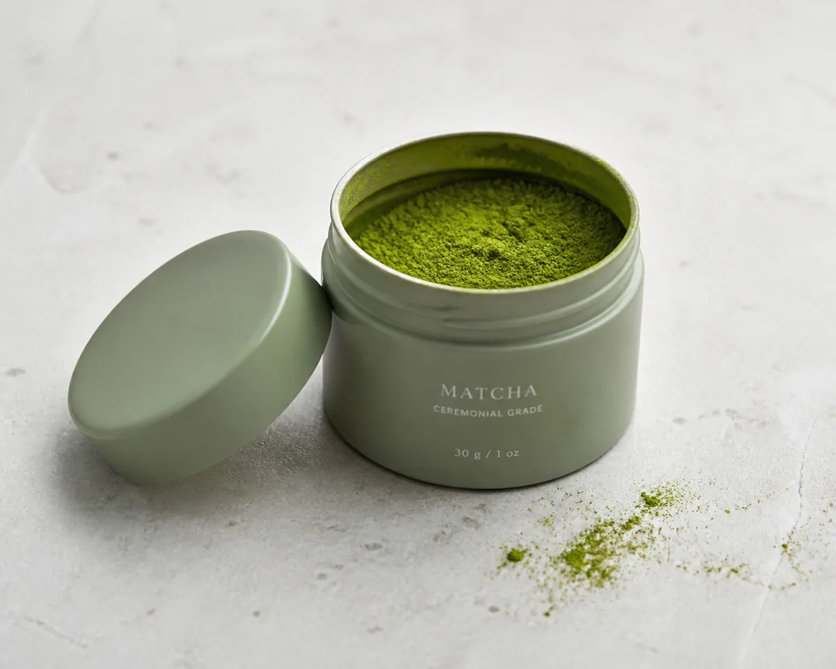 A sealed opaque matcha tin beside a small dish of vivid green powder
