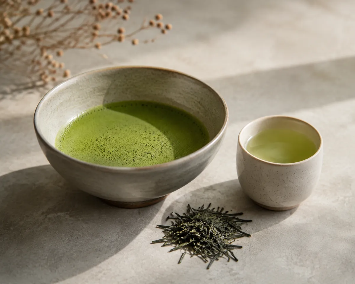 A bowl of whisked green matcha beside a small cup of pale gyokuro liquor and a scatter of needle-shaped green tea leaves