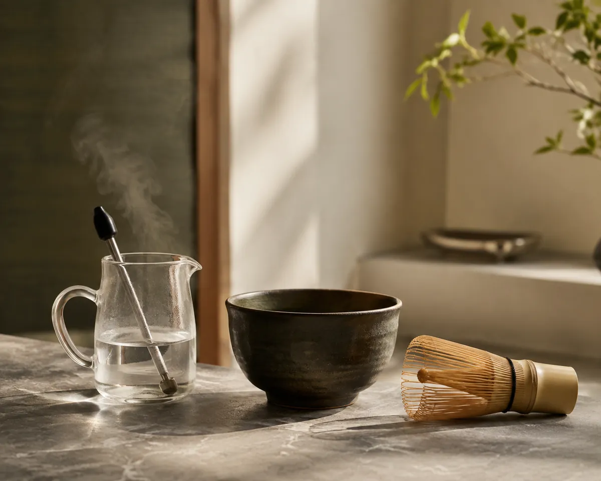 A small glass jug of hot water with a probe thermometer standing in it beside an empty tea bowl and a bamboo whisk